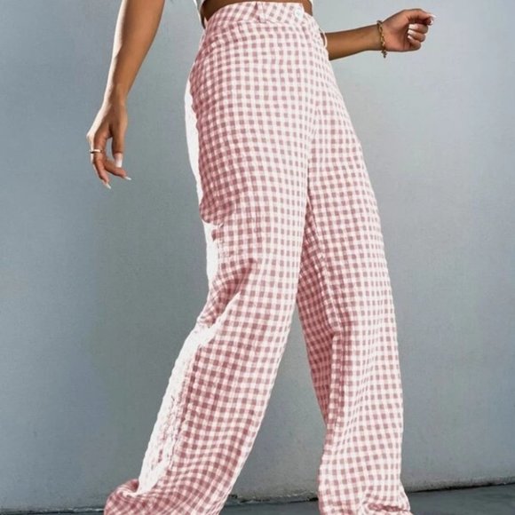 Gingham Print Wide Leg high waist Pants pink - Picture 2 of 6